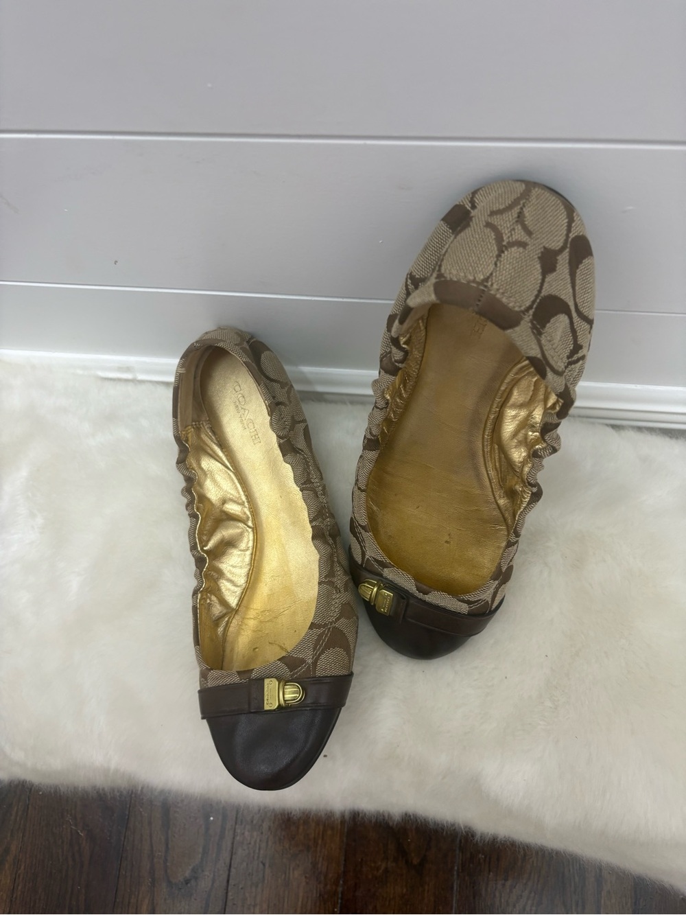 Coach Beige Signature Canvas Ballet Flats with Brown Leather Toe